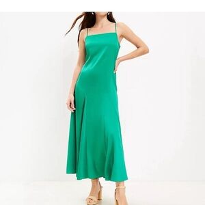 NWT loft Green satin midi slip dress with square neckline and‎ adjustable straps